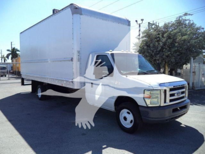 Box truck with a large cargo box on Ford E-350 chassis, front grille with Ford emblem, standard white cab, no visible markings on sides.