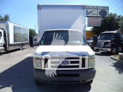 Ford E-450 box truck front view showing cab and cargo box with grille badge and headlights.