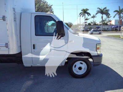 2011 Ford E450 box truck cab side view. Visible text includes VIN 1FDXE4FS6BDA96725 on dealer listing board, stock number T96725, category Box, type Trucks, new/used Used.