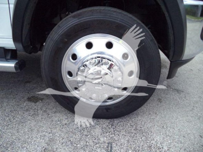 Truck wheel and hubcap close-up showing steel rim with circular holes and lug nut areas; part of the front wheel well visible.