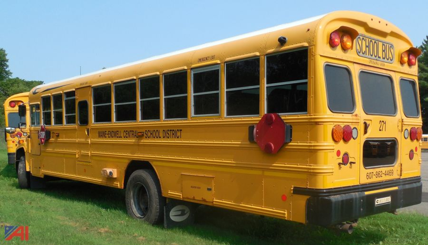 2018 Blue Bird vision school bus side rear view showing district text and school bus markings