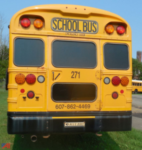 Yellow Blue Bird school bus rear view with emergency door, bus number 271, and contact number 607-862-4469.