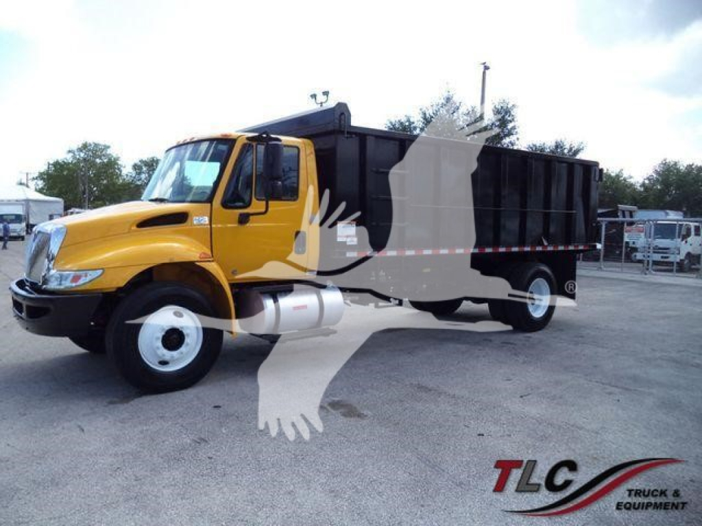 2019 International 4300 dump truck in yellow cab with black dump body, side view showing front wheels and logo. TLc watermark overlay.