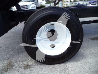 Wheel and tire assembly on a 2019 International 4300 commercial truck, single rear wheel showing steel white hub with black tire and visible frame.