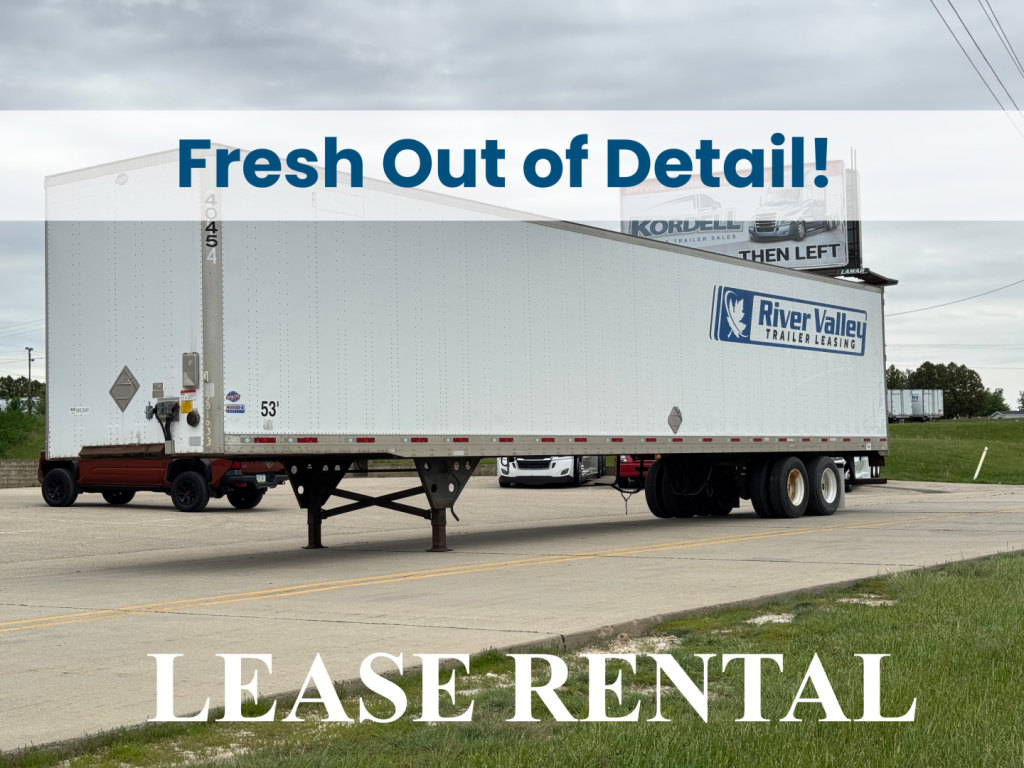 Trailer hitch and side view of a 2014 Utility 4000Dx utility trailer with River Valley Trailer Leasing branding, parked on a lot, showing exterior profile.