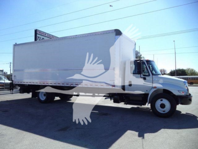 2019 International 4300 box truck showing large cargo box and cab, stock number T91718FM, used condition