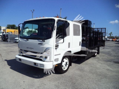 Isuzu NPR-Hd cab front and side view showing landscape body truck with open bed and metal ramp, white exterior.