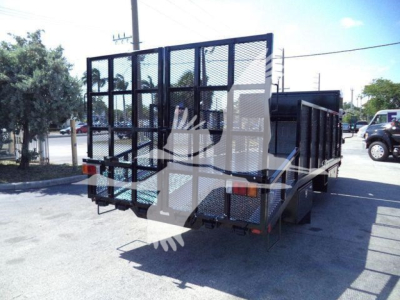 Isuzu NPR-HD landscape truck flatbed trailer with open mesh gate at rear, viewed from left-rear angle.