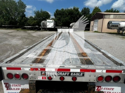 Transcraft trailer DTl-2000 (rear view) with metal deck, multiple reflectors, and branding 'TRANSCRAFT EAGLE' on rear bumper.