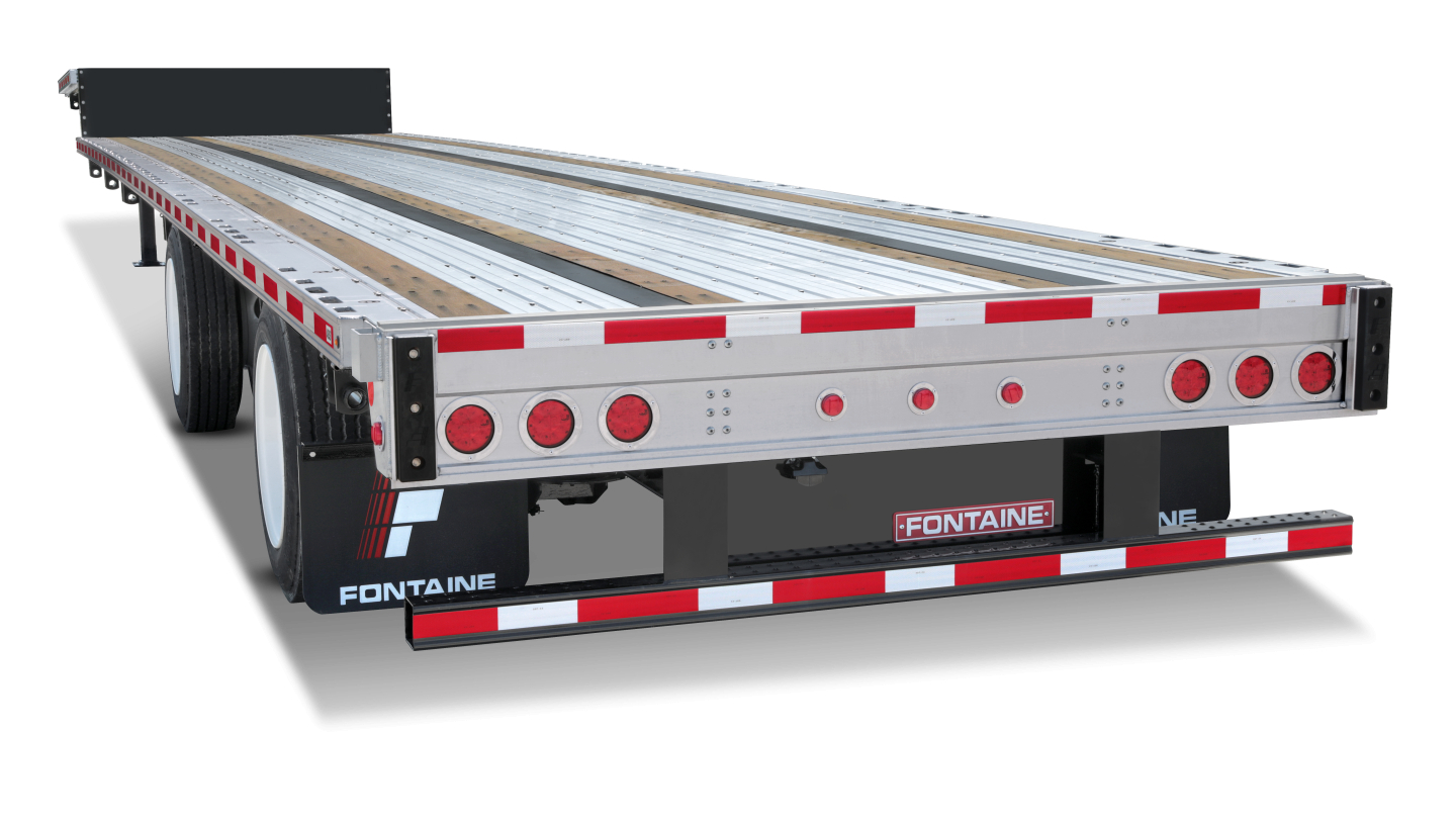 Fontaine 53' combo drop deck trailer rear view showing rear axle, LED taillights, reflective tape, and brand plates.