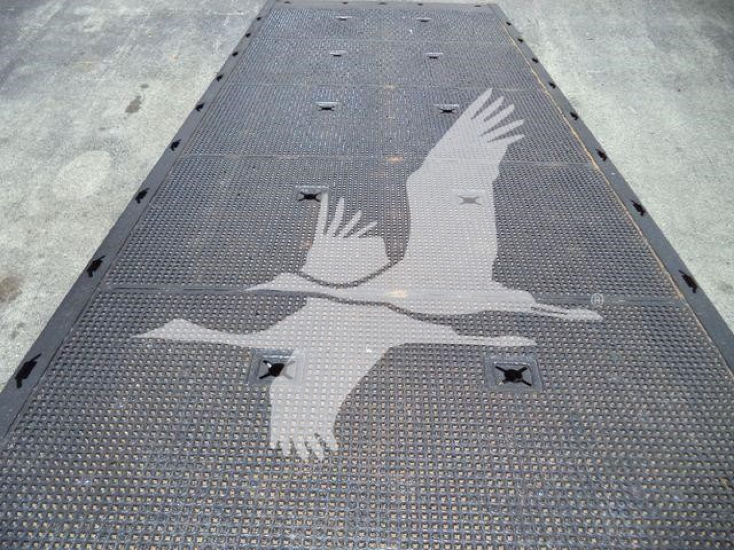 Flatbed rollback truck deck with a large stylized bird graphic in light gray on a metal surface.