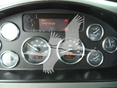 Peterbilt dashboard with multiple gauges and a central display reading No Warnings; RPM gauge, speedometer, and other gauges visible.