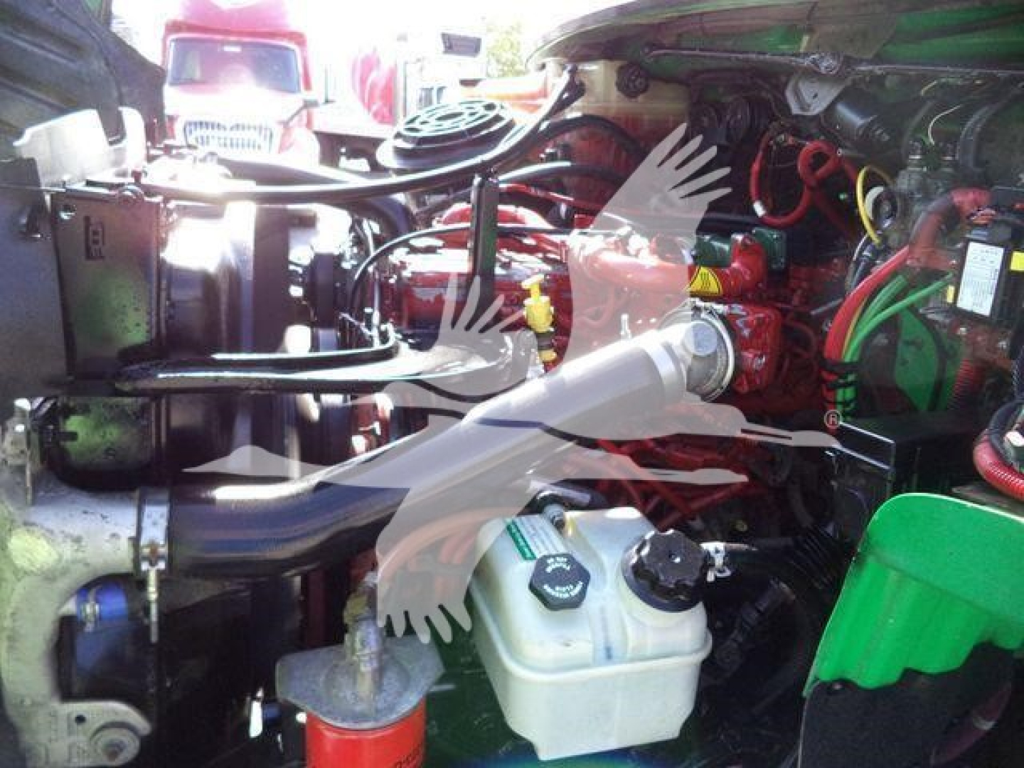 Engine bay of a Freightliner truck showing coolant reservoir, hoses, wiring, and components in a green-painted engine area.