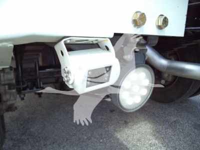 Rear view showing winch bumper and LED work lights on a Ram 4500 SLT with tow hitch mount.