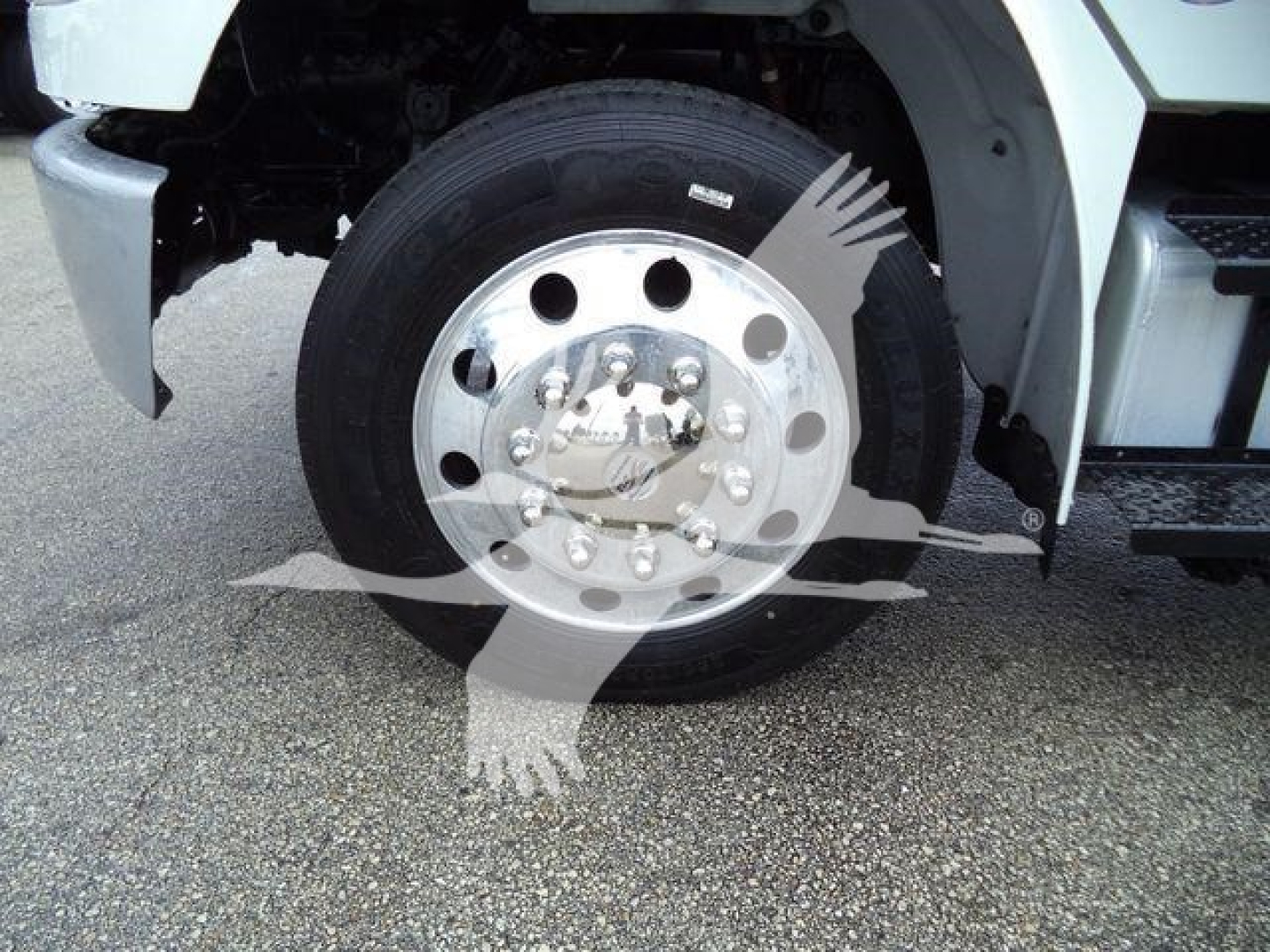 Freightliner M2 106 wheel and front fender view showing service wheel with bolt pattern and hubcap.