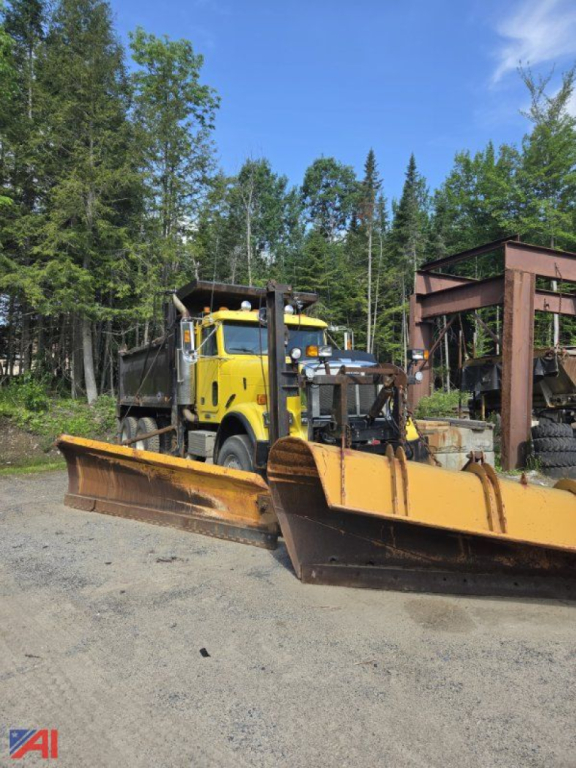Front view of a yellow 2003 Freightliner FLD120 SD dump truck with a plow, parked outdoors with trees and a rusting steel structure in the background.