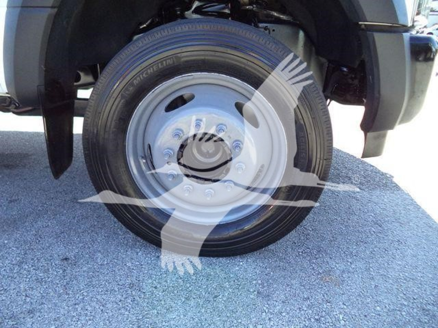 Dump truck wheel and tire with alloy hubcap visible on the front wheel of a 2019 Ford F-550 dump truck viewed from the side.