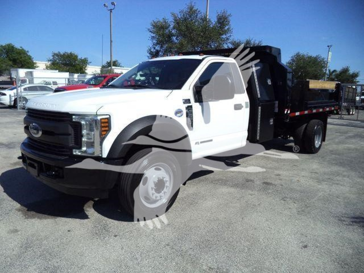Ford F-550 dump truck in white with a black dump bed, front view angled, diesel badge visible, side step and dual rear wheels.