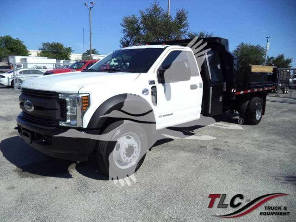 White 2019 Ford F-550 dump truck with a black dump bed, front grille and side mirrors visible in a parking lot.