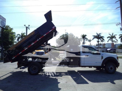 Dump bed truck side view showing a white 2019 Ford F550 in service with a raised black dump bed and hydraulic system.