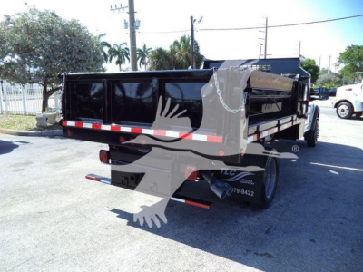 Dump truck bed on a 2019 Ford F550 dump truck seen from rear-right side showing dual rear tires and hydraulic bed.