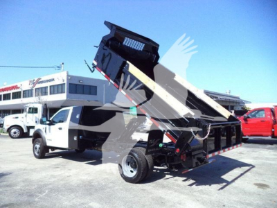Ford F-550 dump truck with elevated bed in service view showing hydraulic dump mechanism and dump bed.