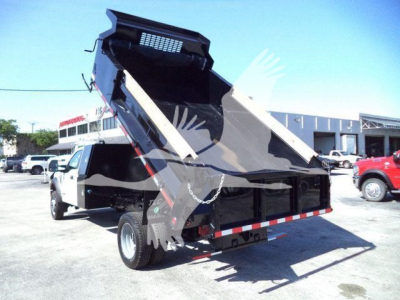 Dump bed truck with hydraulic dump raised, visible text includes 'T00690FM' and 'NewUsed: Used' from listing context. Image shows a white Ford F-550 dump truck in a dealership lot.