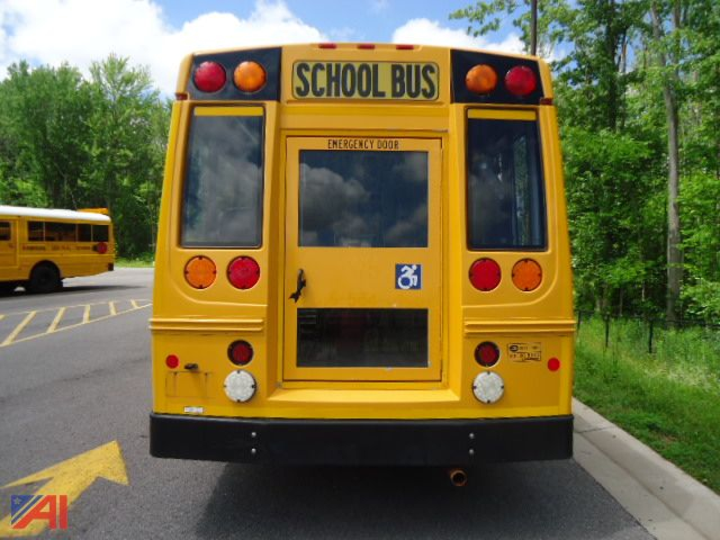 Rear view of a yellow school bus labeled SCHOOL BUS with wheelchair accessibility icon, emergency exit window, and red taillights.