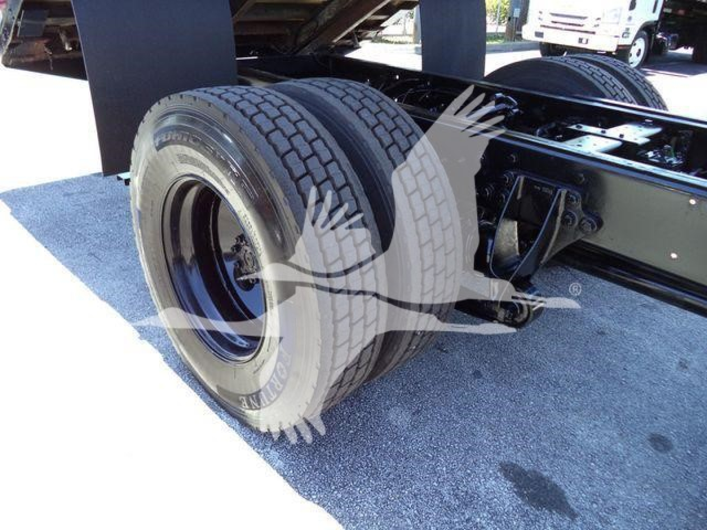 Dual rear tires and chassis of a 2019 International Durastar 4300 truck showing the rear wheel assembly and suspension.