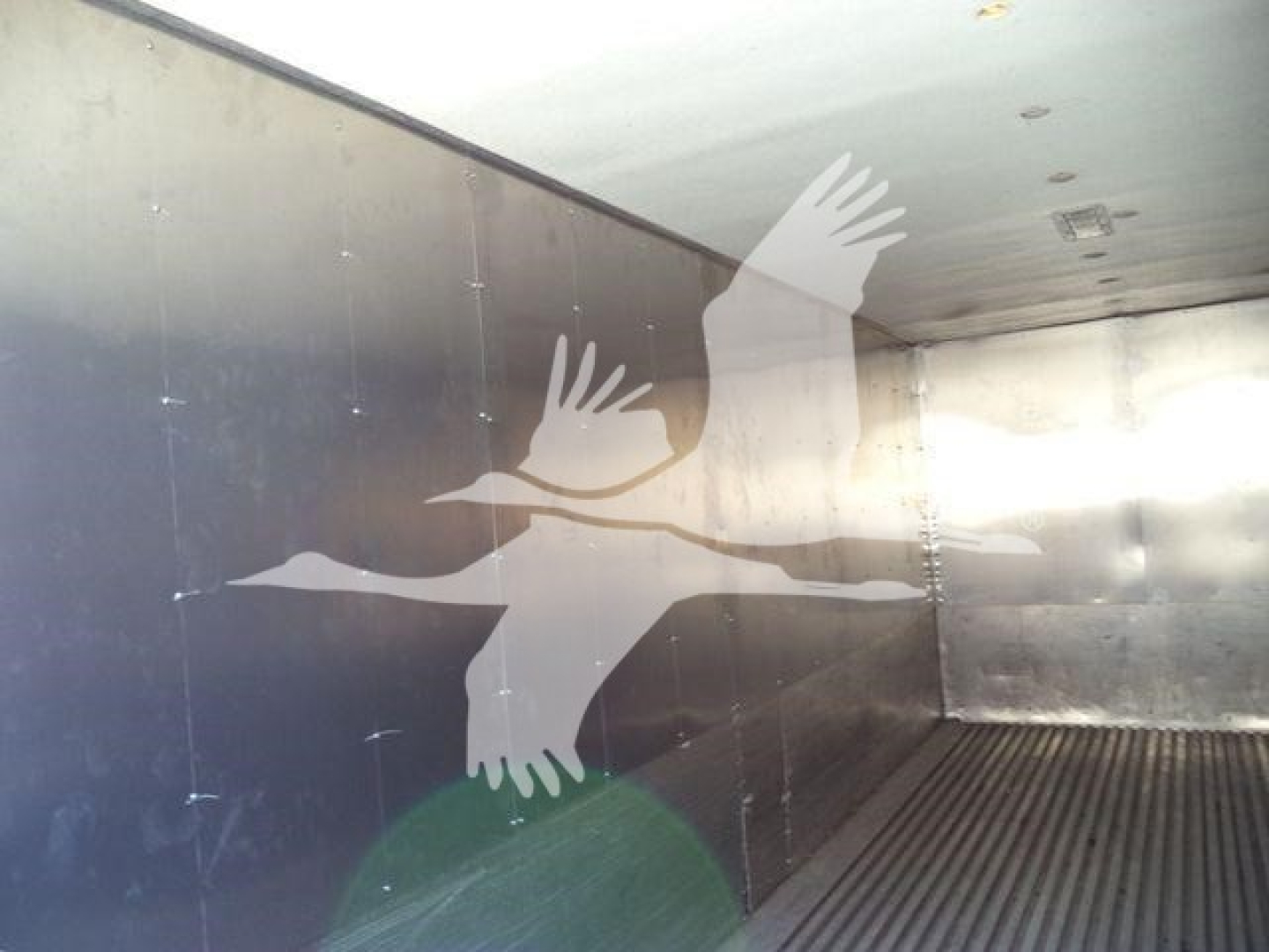 Truck interior cargo area with ribbed floor and metal side walls, showing a large white graphic of a flying bird overlayed.