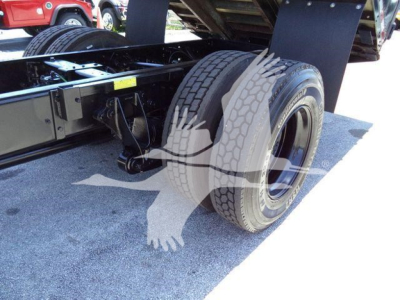 Truck rear dual wheels and chassis showing undercarriage and suspension of a 2019 International Durastar 4300 used truck.