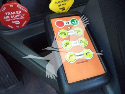 Control panel with orange housing showing circular buttons labeled PARKING BRAKE, ROLL, TILT, SWING, and other indicators in a Kenworth T880 interior image.