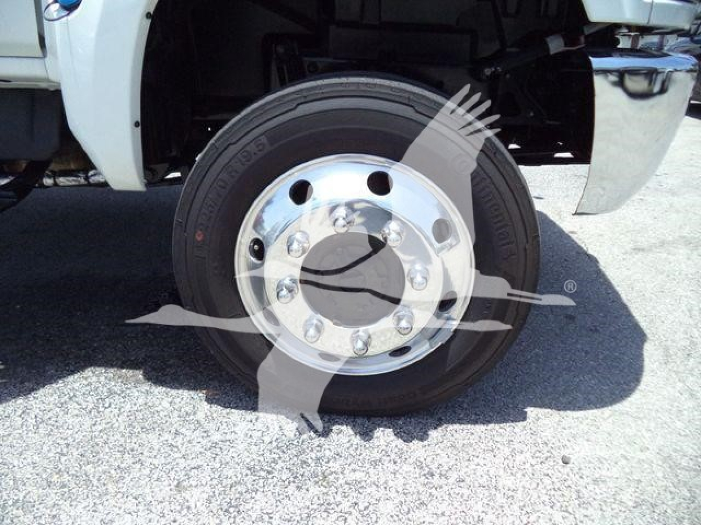 Truck wheel: chrome hub with lug nuts and tire mounted on front of heavy-duty International truck; fender and part of the front bumper visible.