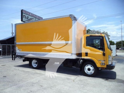 Isuzu NPR HD box truck with yellow cab and large orange cargo box, side view highlighting the cargo area.