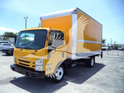 Isuzu NPR HD box truck with yellow cab and orange box, side view showing front grille, headlights, and cargo box