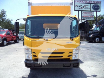 Isuzu NPR HD box truck front view in yellow with black bumper and grille, stock image in a dealership lot.