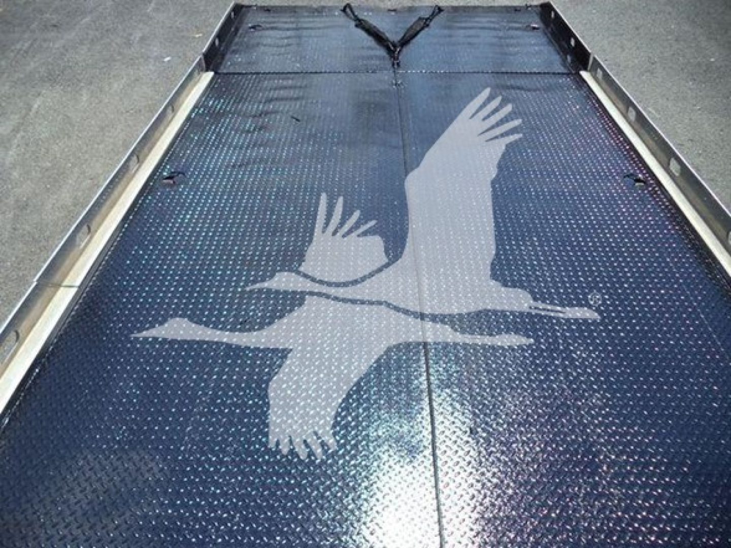 Ford F650 rollback truck bed with a graphic of two white birds on a blue diamond plate surface.