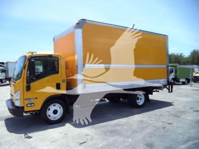 Truck image: 2019 Isuzu NPR HD box truck with yellow cab and large orange box, side view showing front grille, cab doors, and white wheels.