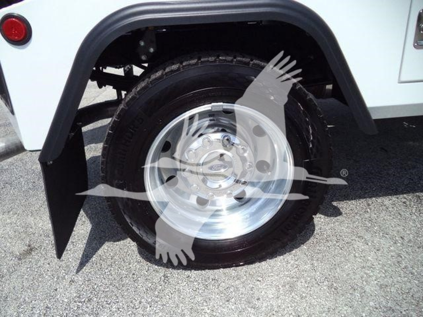 Ford F-450 wheel and wheel well showing a polished alloy rim and tire in a white utility truck body