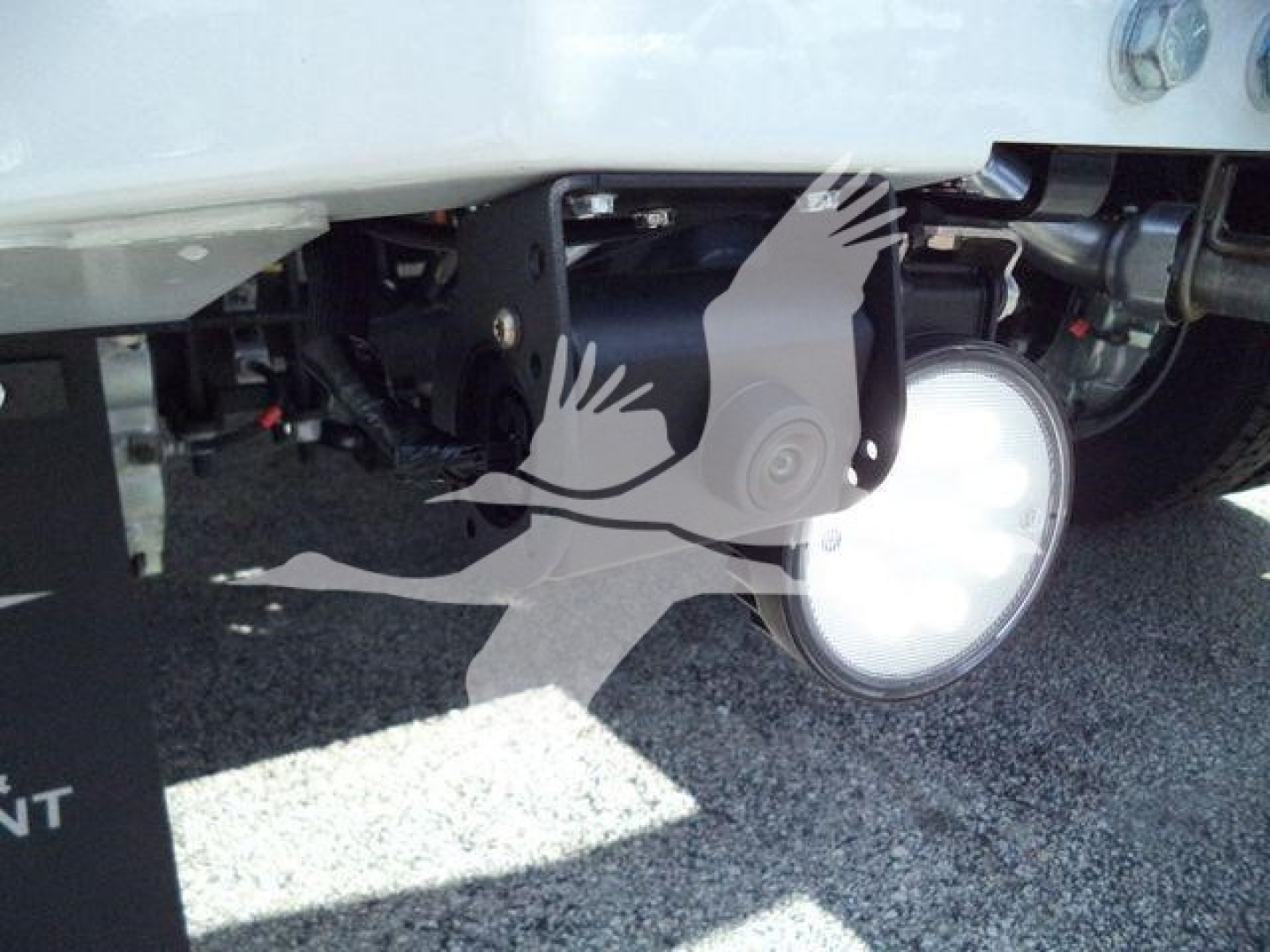 Winch-equipped Ford F-450 underside showing winch mounting plate and circular fog light; partial view of rear wheel and chassis.
