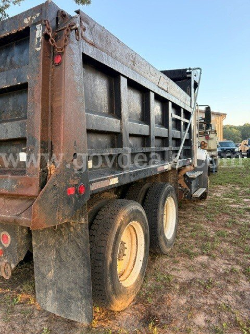 Freightliner 114SD dump truck rear view showing dual rear wheels and dump bed with rust and dirt.