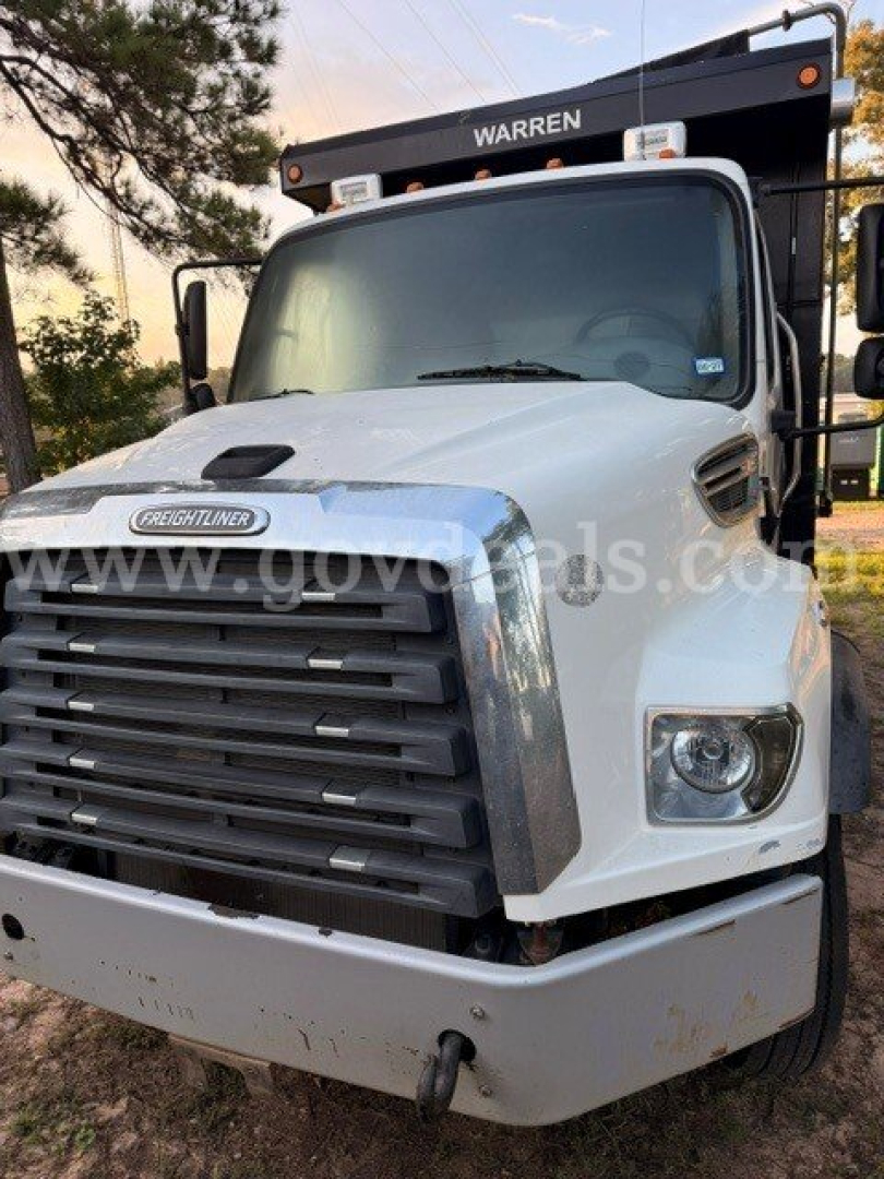 Front view of a white Freightliner 114SD dump truck showing grille, headlights, bumper, and cab with 'FREIGHTLINER' badge.