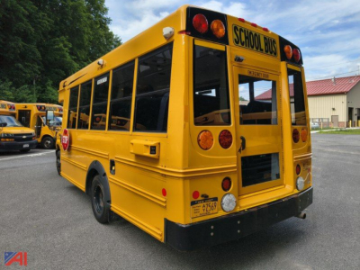 Ford E-Series school bus rear view showing yellow body, school bus signage, taillights, and rear bumper.