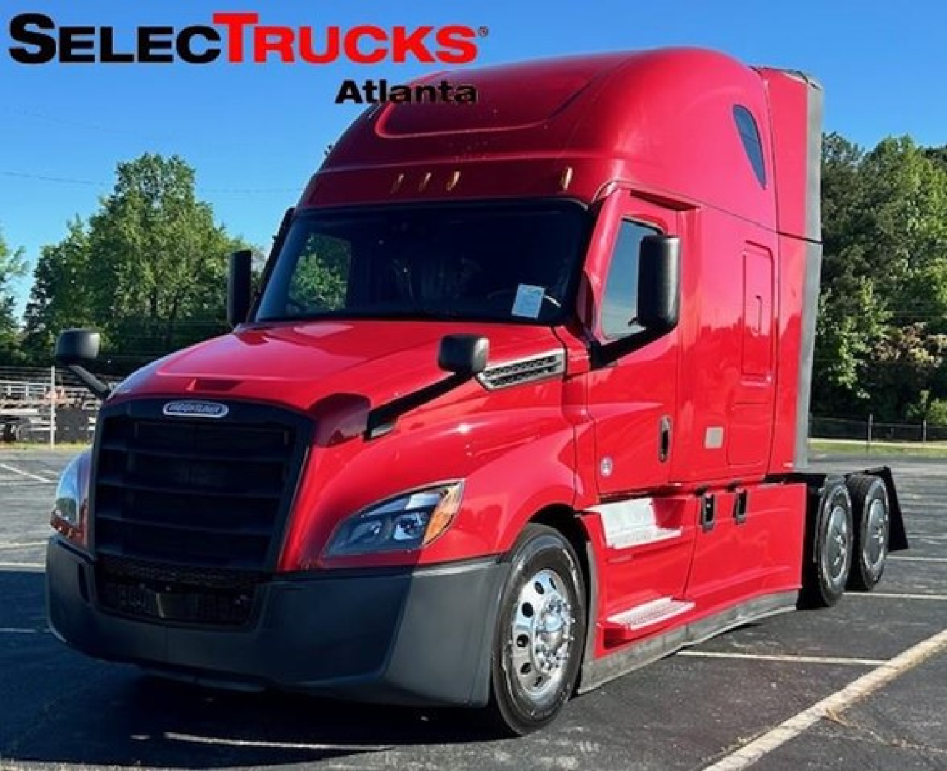 Freightliner Cascadia 126 sleeper cab in red from a truck listing showing a glossy exterior and black front grille.