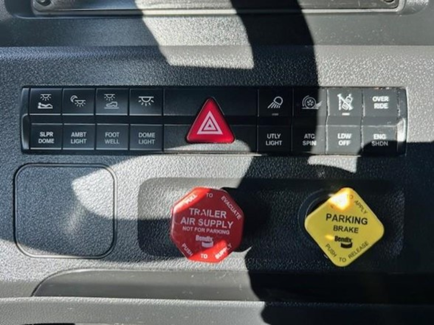 Freightliner Cascadia dash panel showing hazard switch, trailer air supply red knob, parking brake yellow knob, and various control buttons.