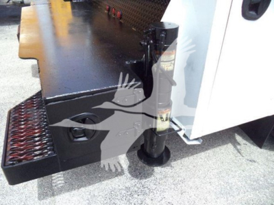 Kenworth T270 utility/service truck rear bumper and jack stand visible with step plate and stabilizer pad.