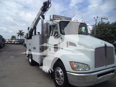 Kenworth T270 tow truck in service status showing crane hoist and service body with logo on door.