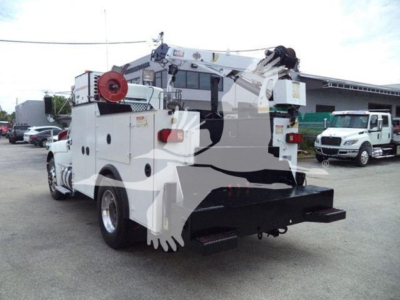 Kenworth T270 service truck with crane, rear toolbox, and utility winch, side view showing spare wheel, hoses, and storage compartments.
