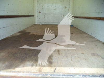 Interior cargo area of a 2021 GMC G3500 cargo van showing wooden floor and side walls with a large white bird logo watermark.