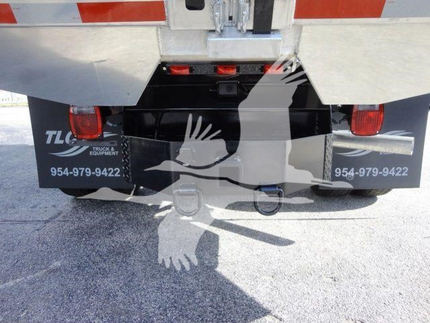 Ford F550 dump truck rear view showing bumper area, taillights, and hitch with TCL truck equipment label and phone numbers